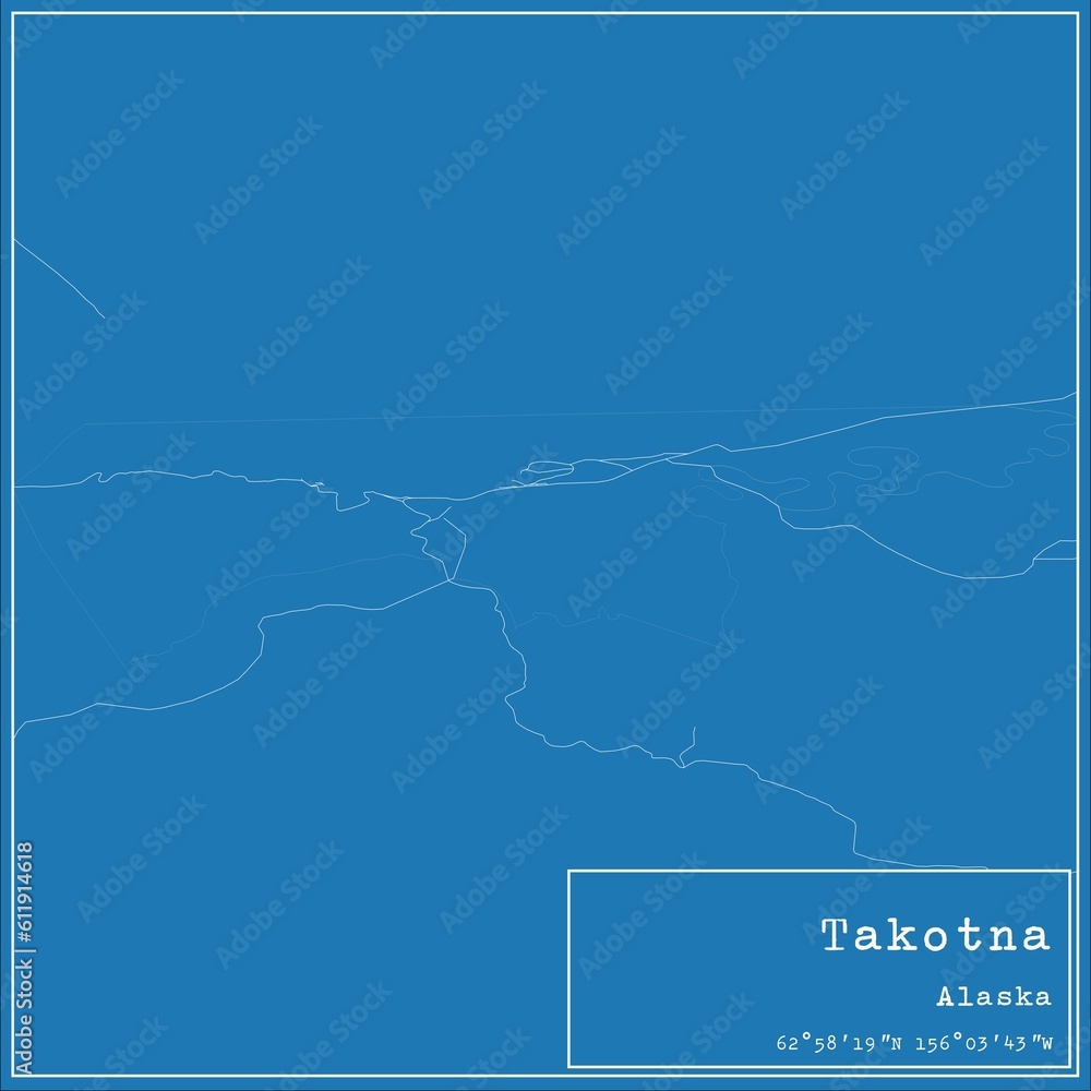 Blueprint US city map of Takotna, Alaska.