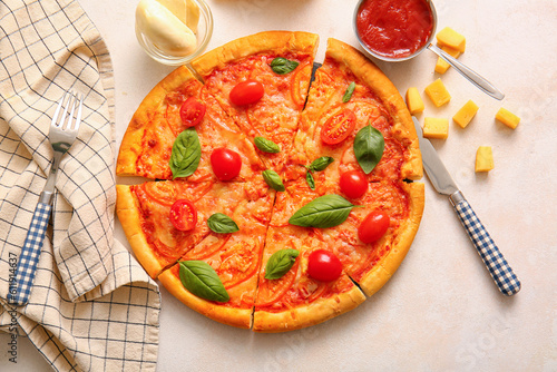 Tasty pizza margarita on white background