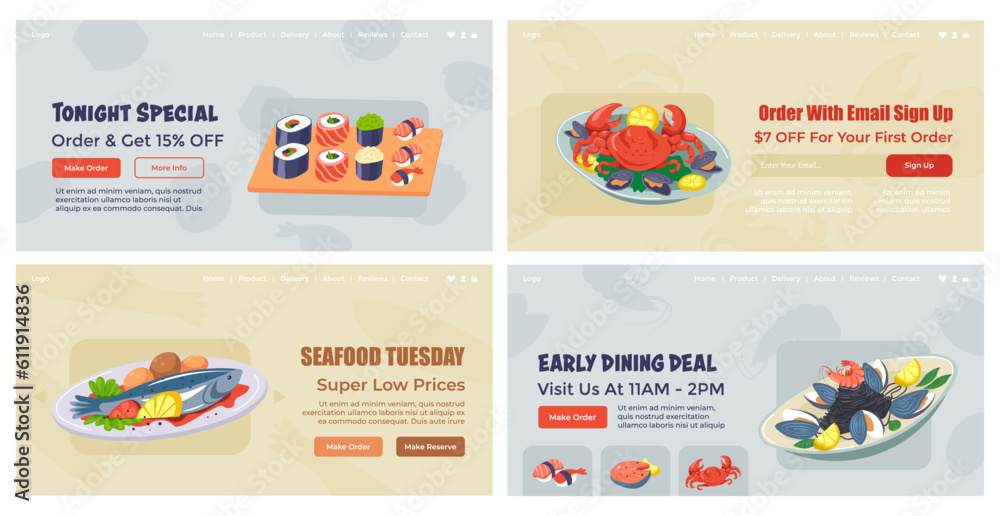 Web page design set with seafood restaurant deals