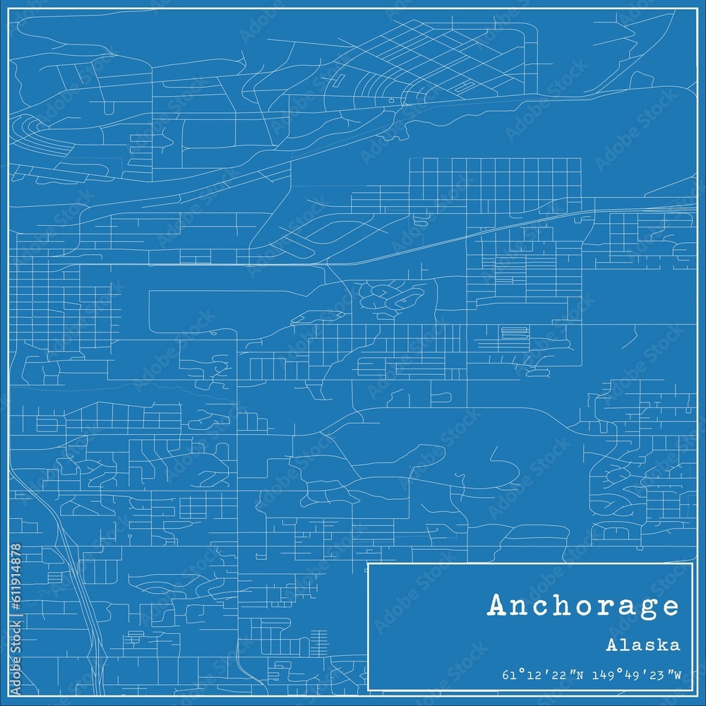 Blueprint US city map of Anchorage, Alaska. Blueprint US city map of Anchorage, Alaska.