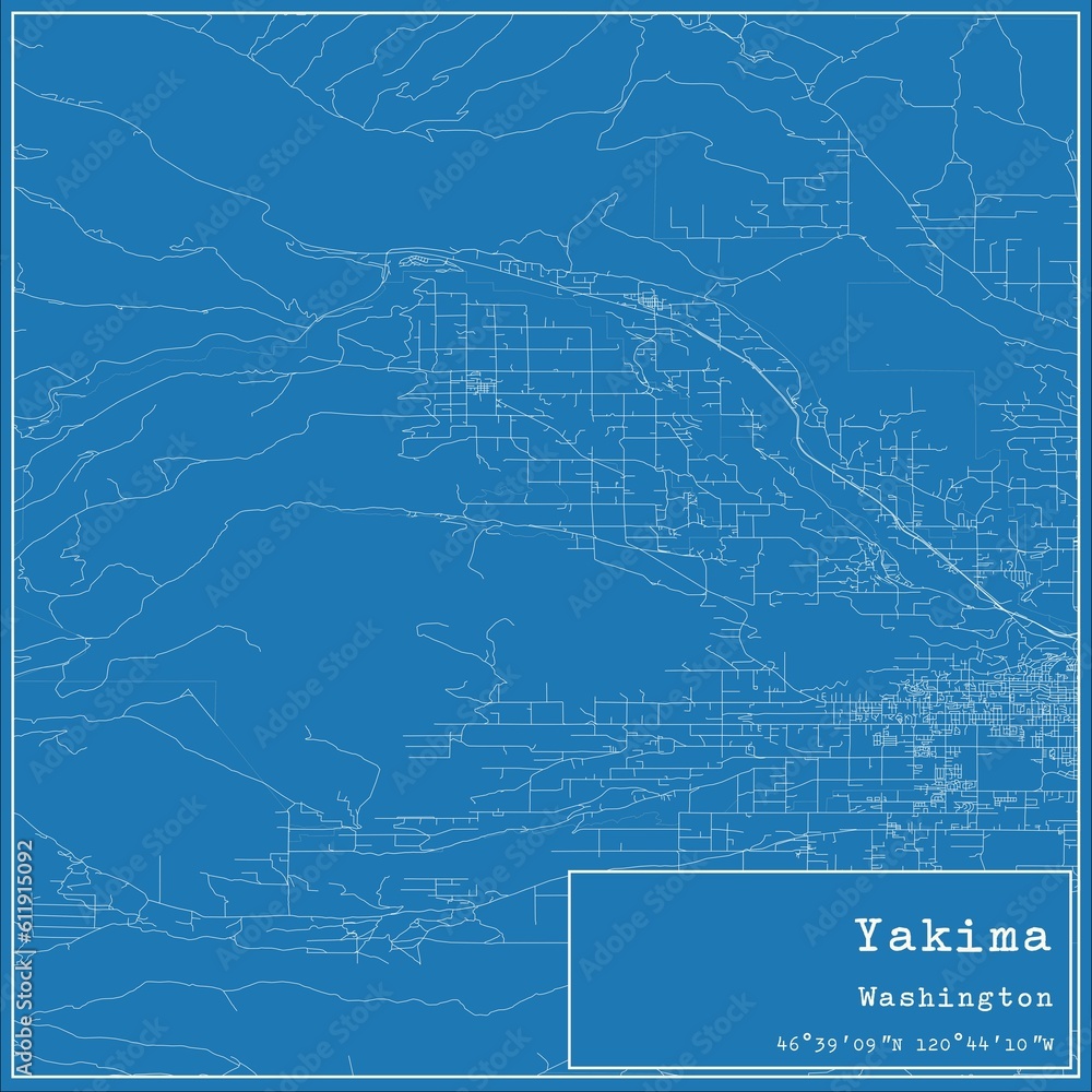Blueprint US city map of Yakima, Washington.
