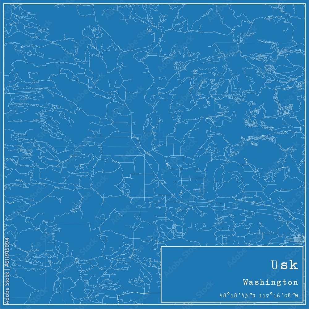 Blueprint US city map of Usk, Washington.