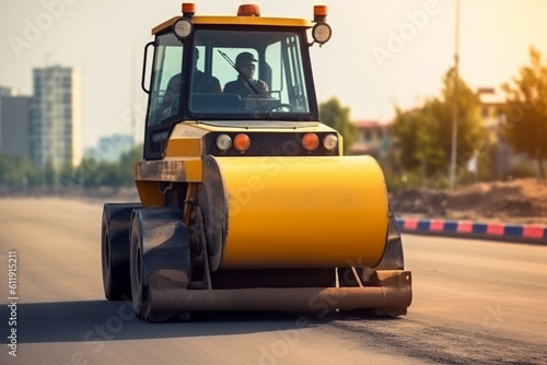 yellow road roller making new road