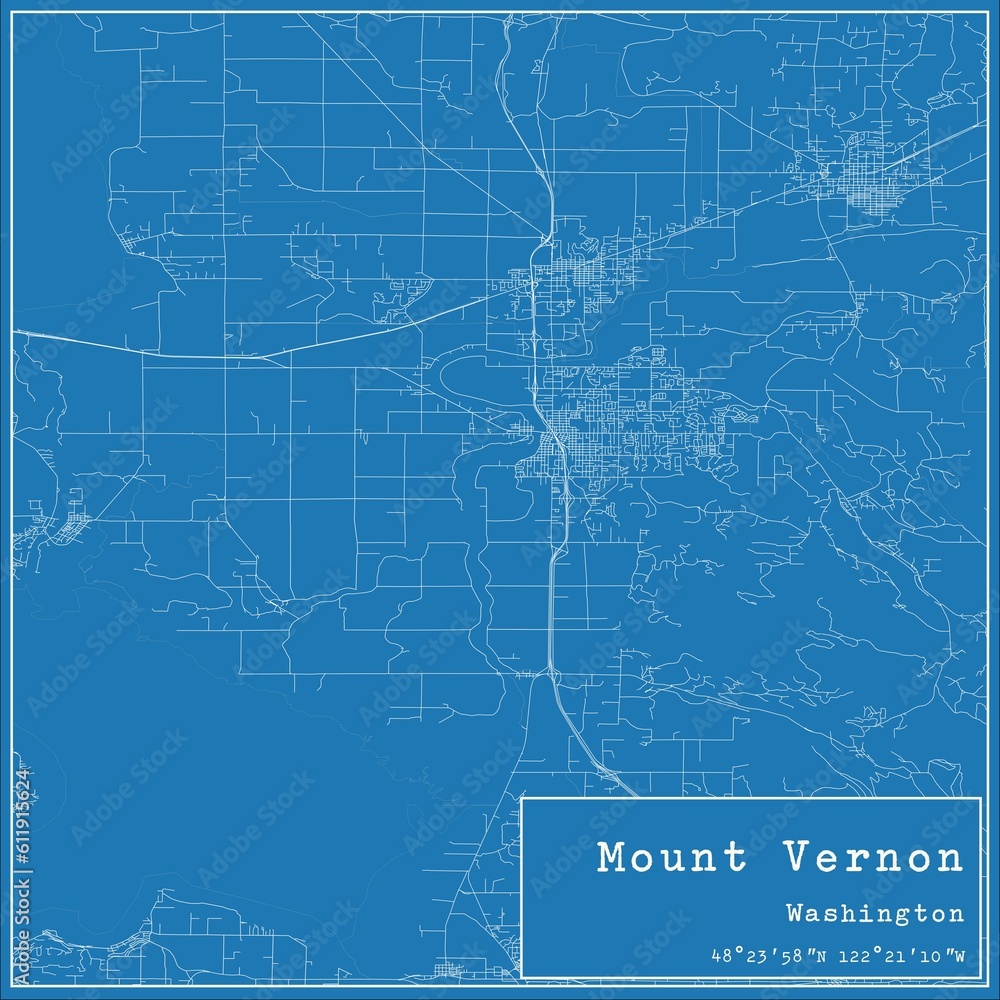 Blueprint US city map of Mount Vernon, Washington.