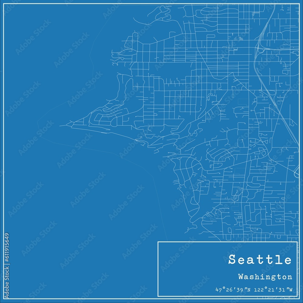 Blueprint US city map of Seattle, Washington.