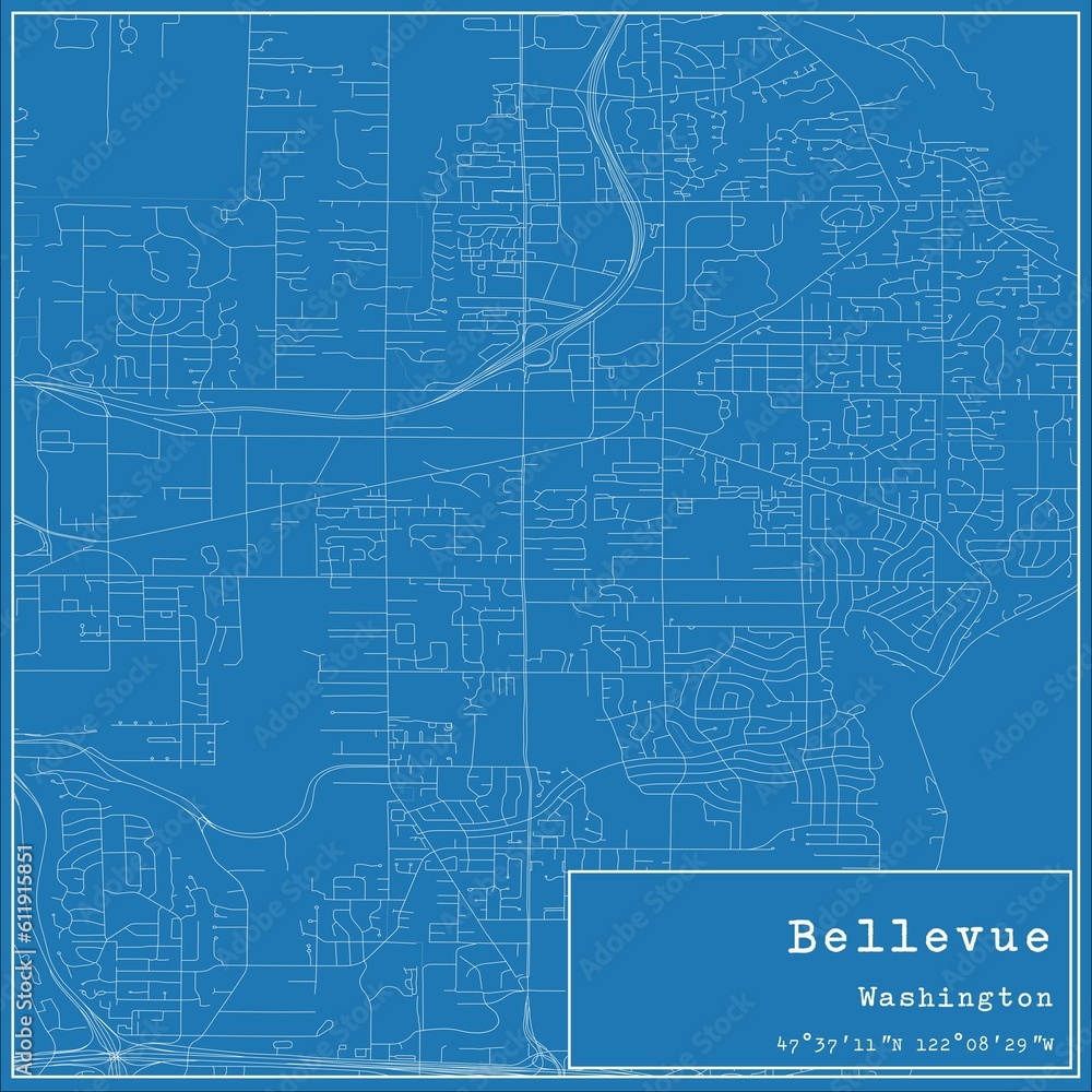 Blueprint US city map of Bellevue, Washington.