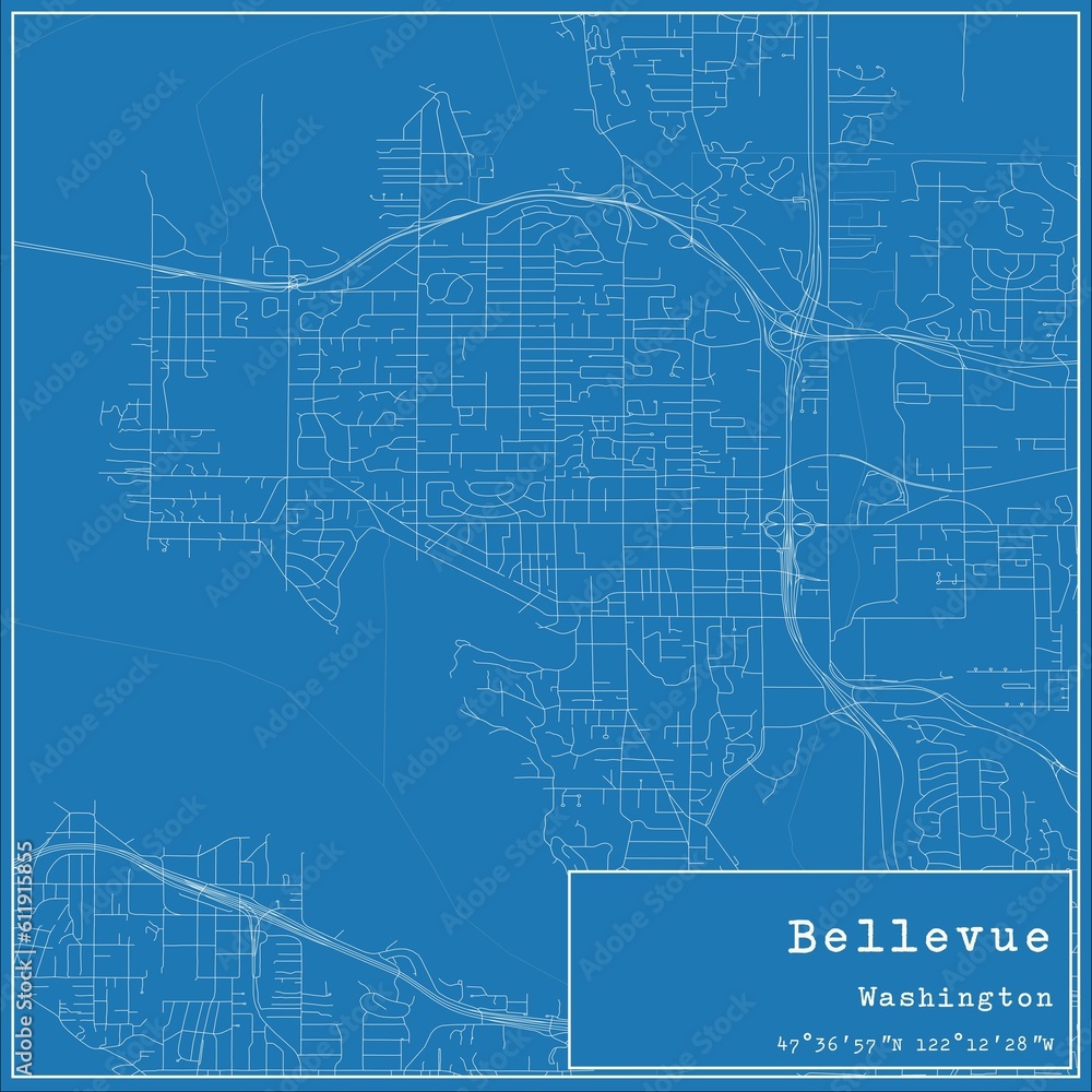 Blueprint US city map of Bellevue, Washington. Blueprint US city map of Bellevue, Washington.