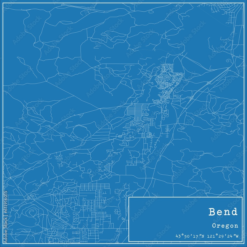 Blueprint US city map of Bend, Oregon.