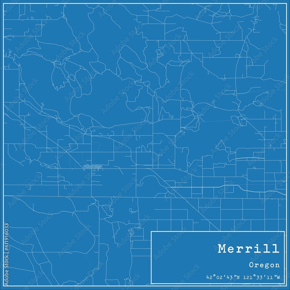 Blueprint US city map of Merrill, Oregon.