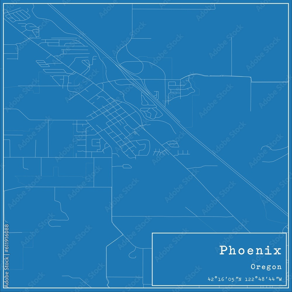 Blueprint US city map of Phoenix, Oregon.