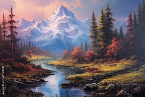 Fairy-tale painted landscape with picturesque mountains and a lake.