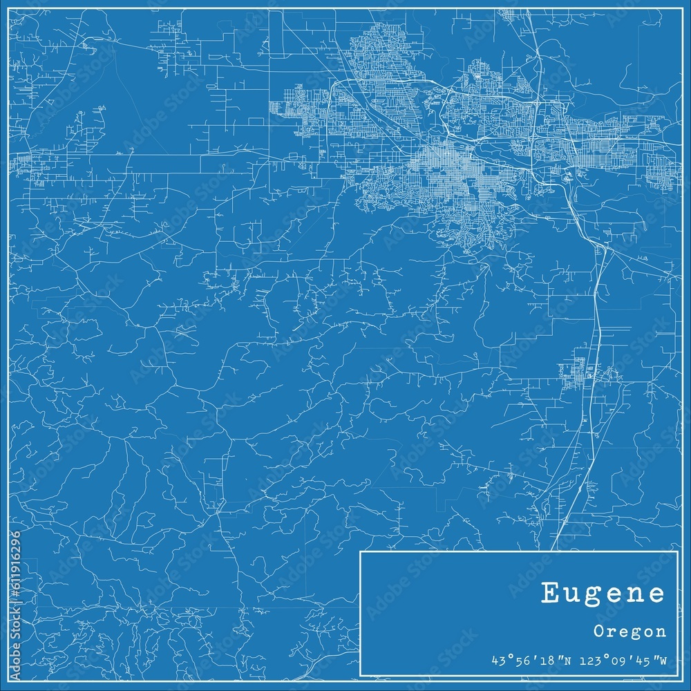 Blueprint US city map of Eugene, Oregon.