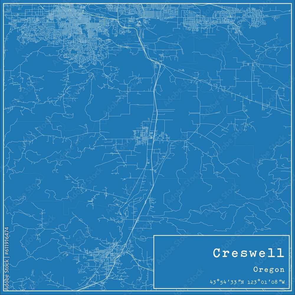 Blueprint US city map of Creswell, Oregon.