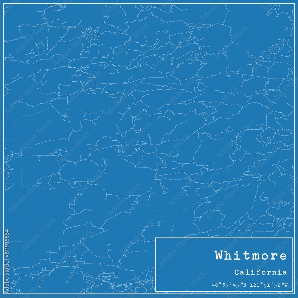 Blueprint US city map of Whitmore, California.