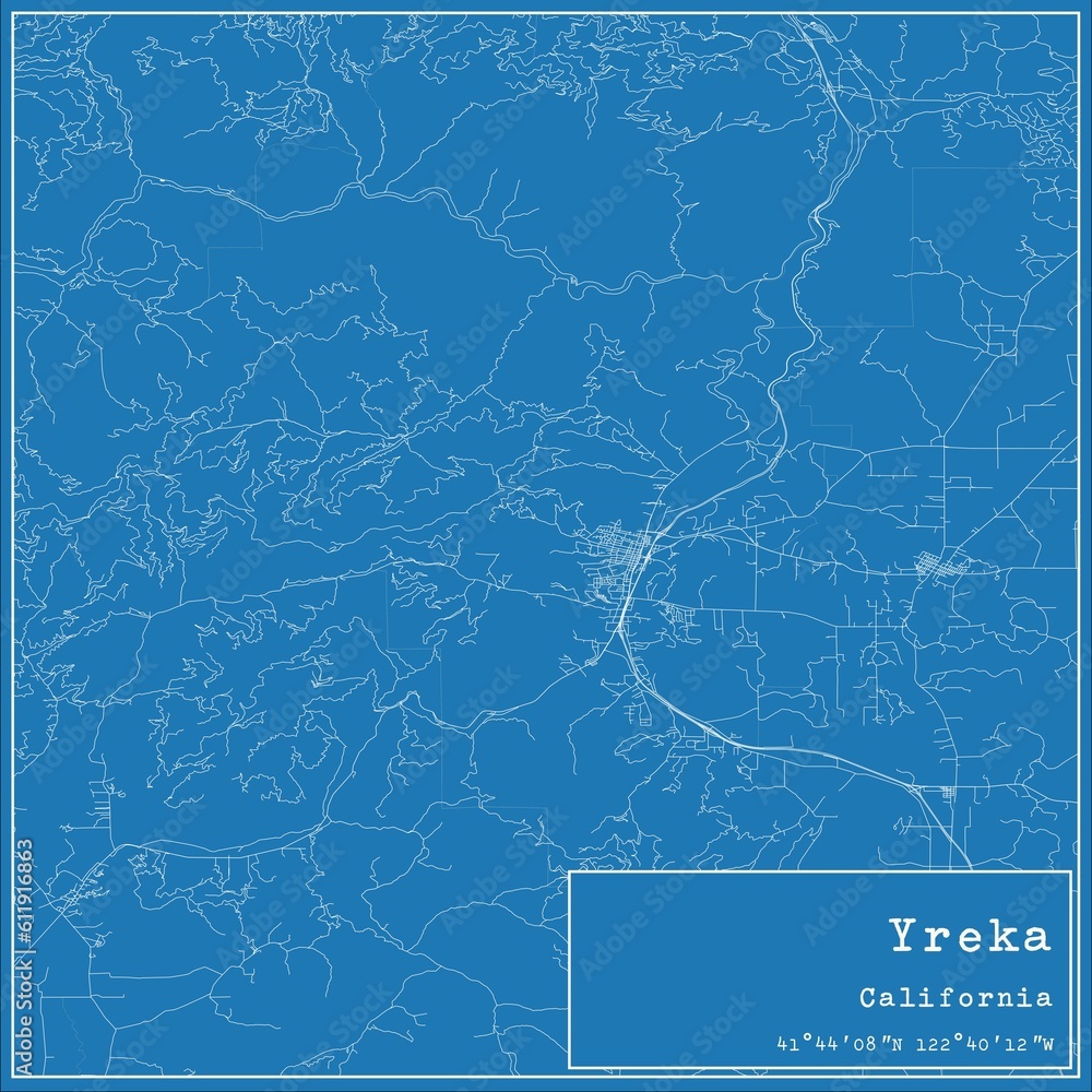 Blueprint US city map of Yreka, California.