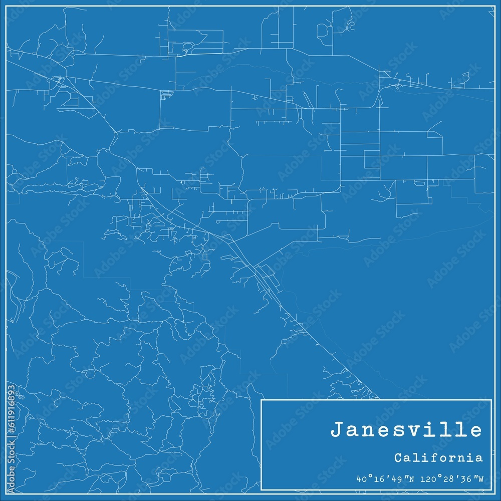Blueprint US city map of Janesville, California.
