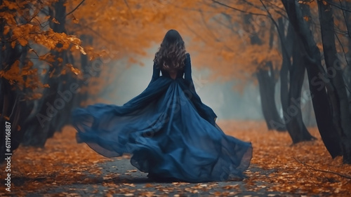 Gothic mysterious woman walks in fantasy autumn forest, generative AI tools 