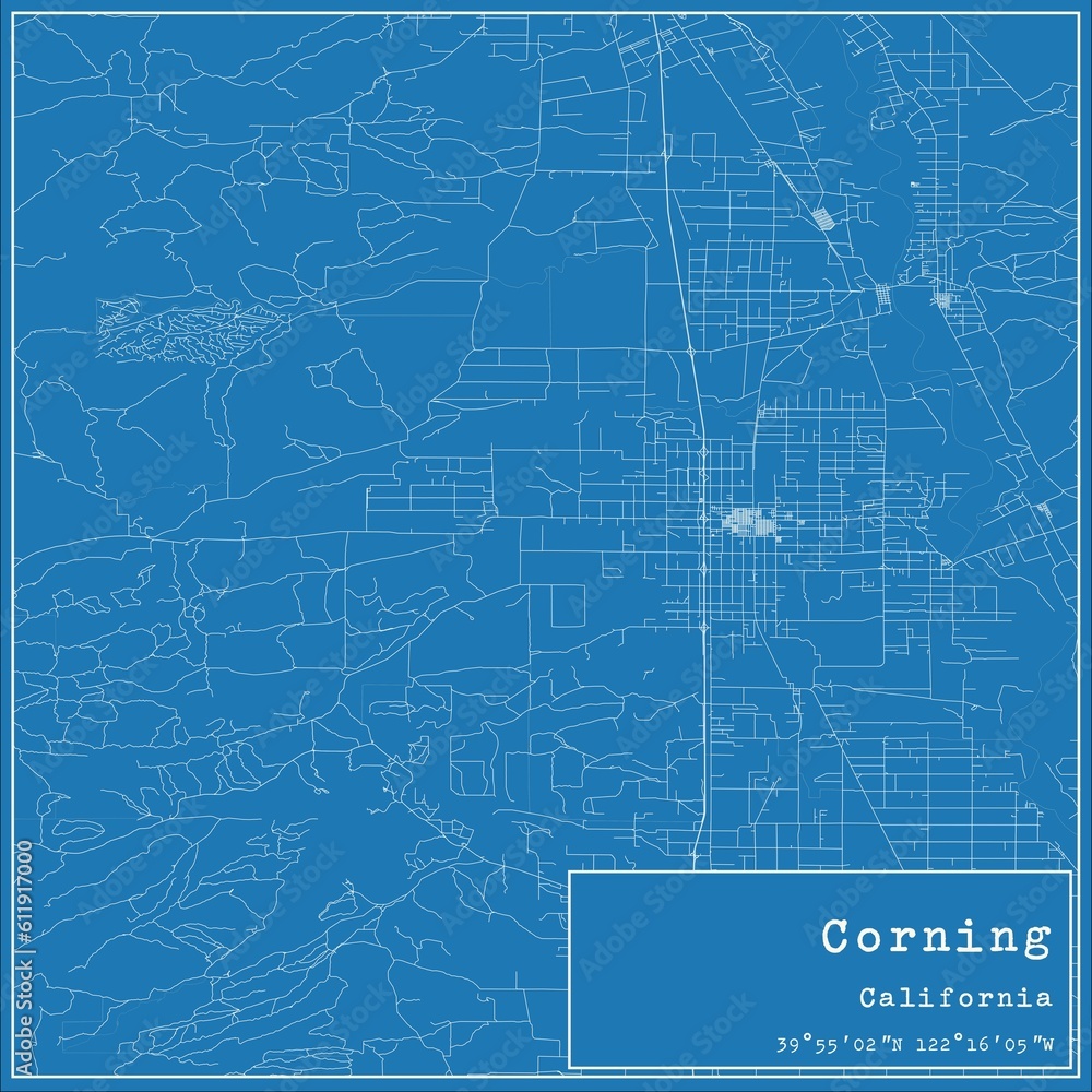 Blueprint US city map of Corning, California.
