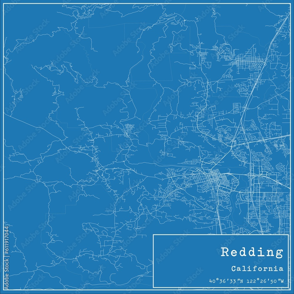 Blueprint US city map of Redding, California.