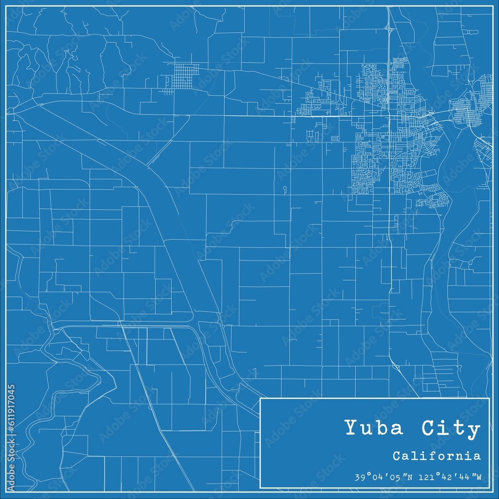 Fototapeta premium Blueprint US city map of Yuba City, California.