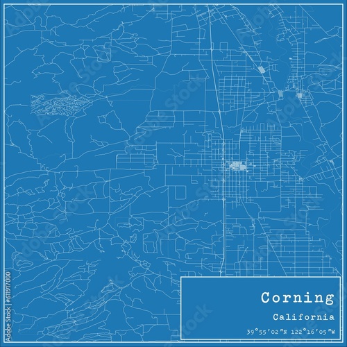 Blueprint US city map of Corning, California.