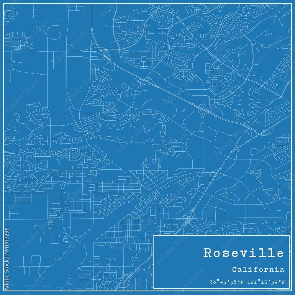 Fototapeta premium Blueprint US city map of Roseville, California.