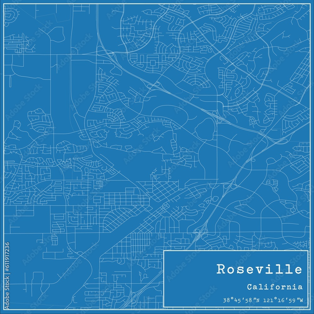 Blueprint US city map of Roseville, California.