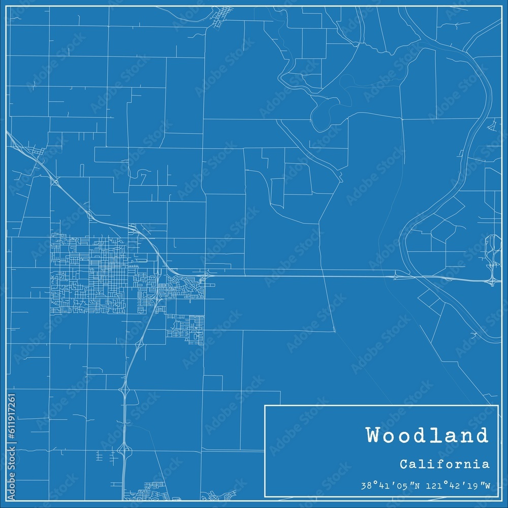 Blueprint US city map of Woodland, California.