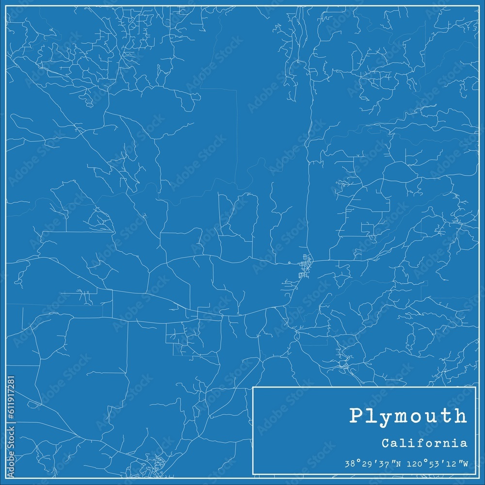 Blueprint US city map of Plymouth, California.