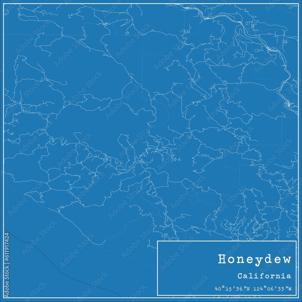 Blueprint US city map of Honeydew, California.