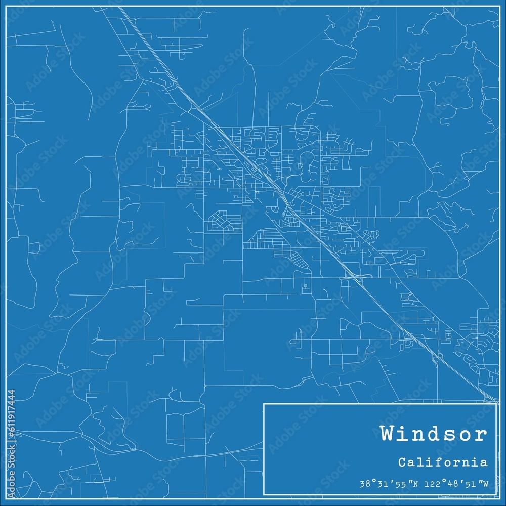 Blueprint US city map of Windsor, California.