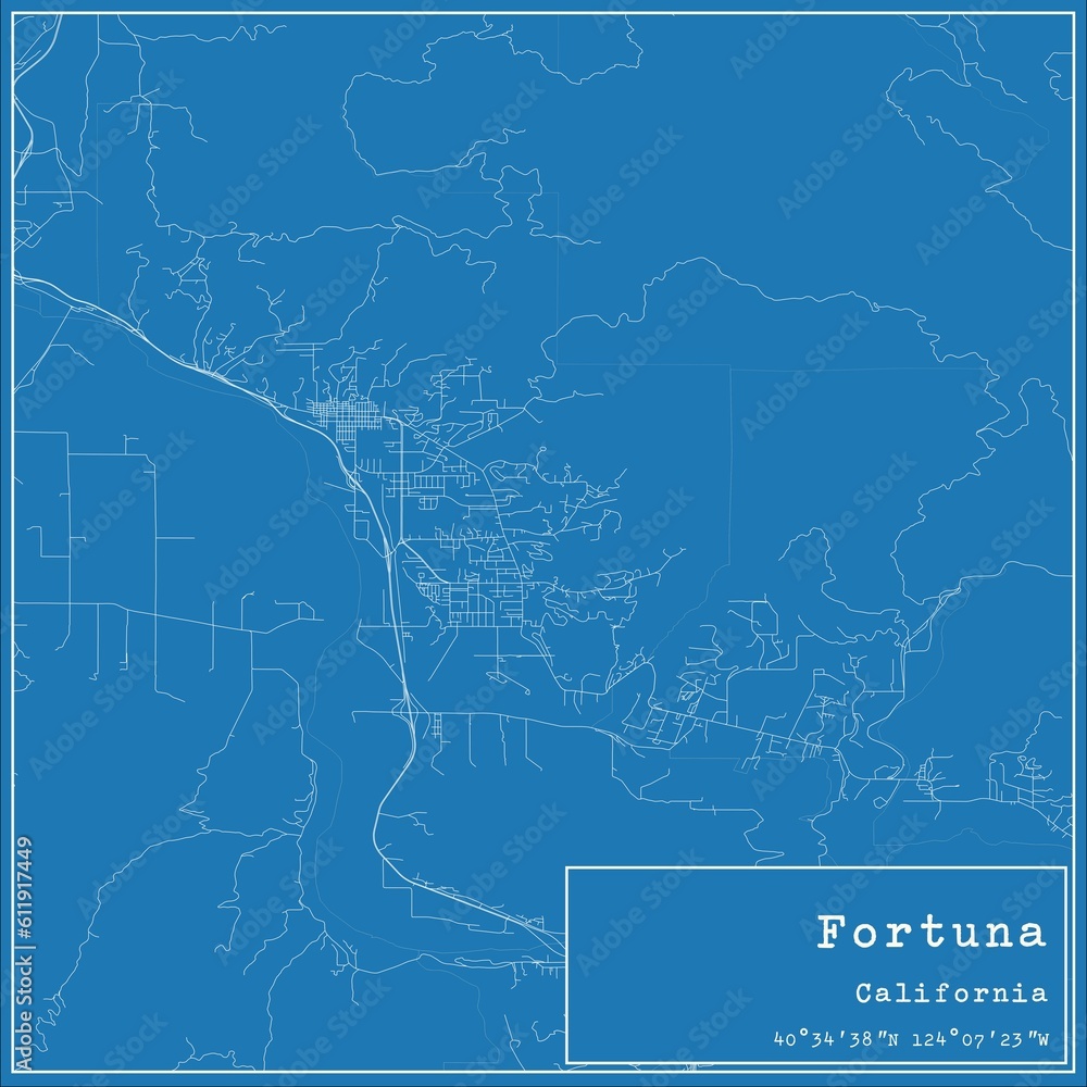 Blueprint US city map of Fortuna, California.
