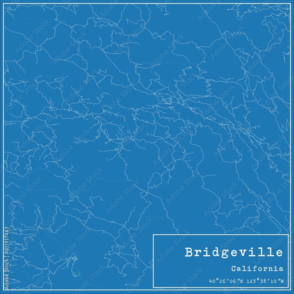 Blueprint US city map of Bridgeville, California.