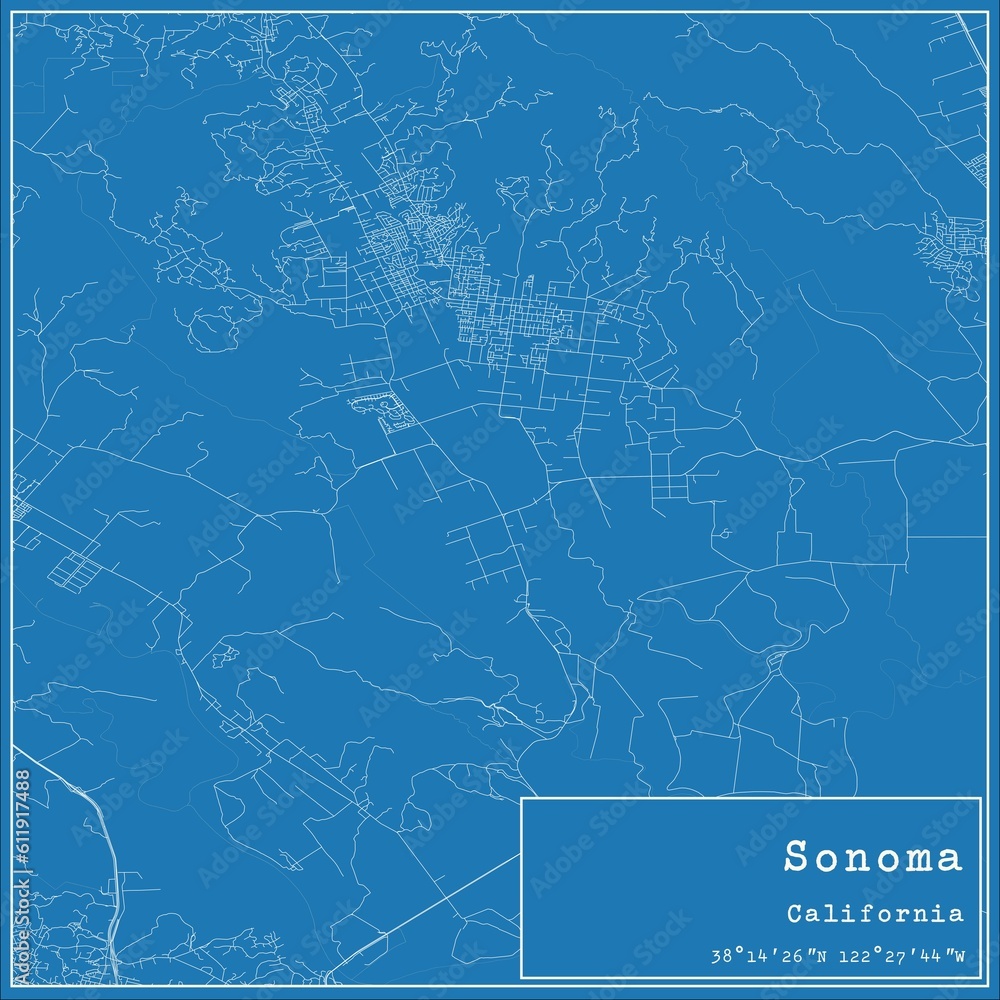 Blueprint US city map of Sonoma, California.