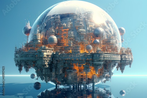 Huge futuristic ball with bstract city architecture inside made with generative Ai © Vitalii But