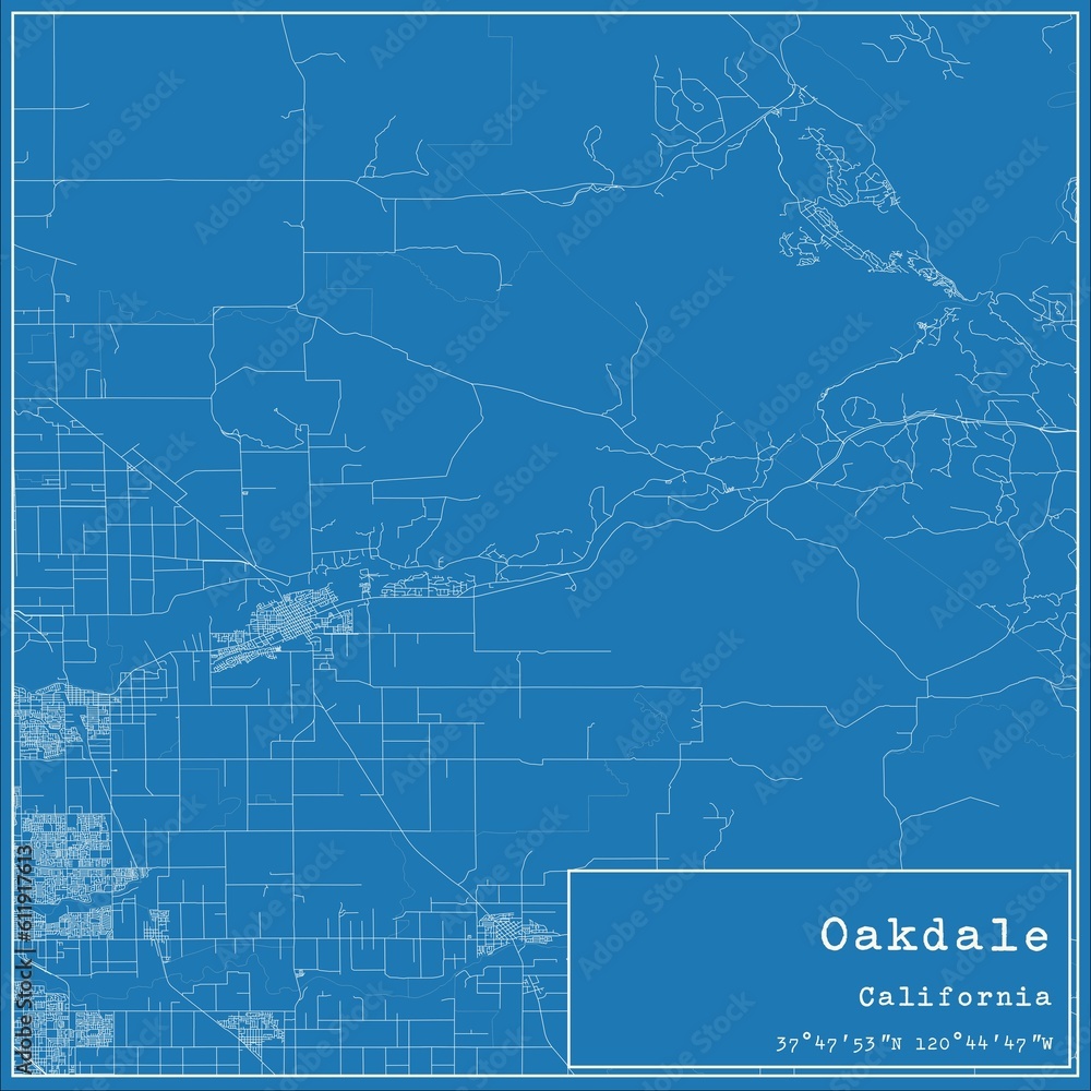 Blueprint US city map of Oakdale, California.