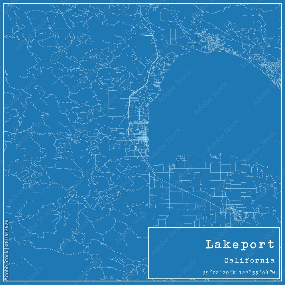 Fototapeta premium Blueprint US city map of Lakeport, California.