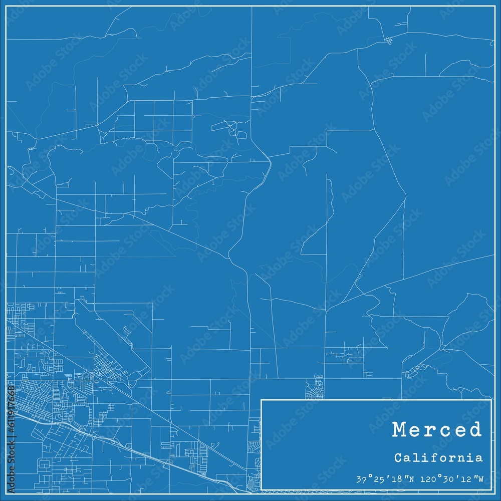 Blueprint US city map of Merced, California.