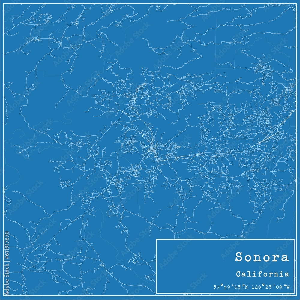 Blueprint US city map of Sonora, California.