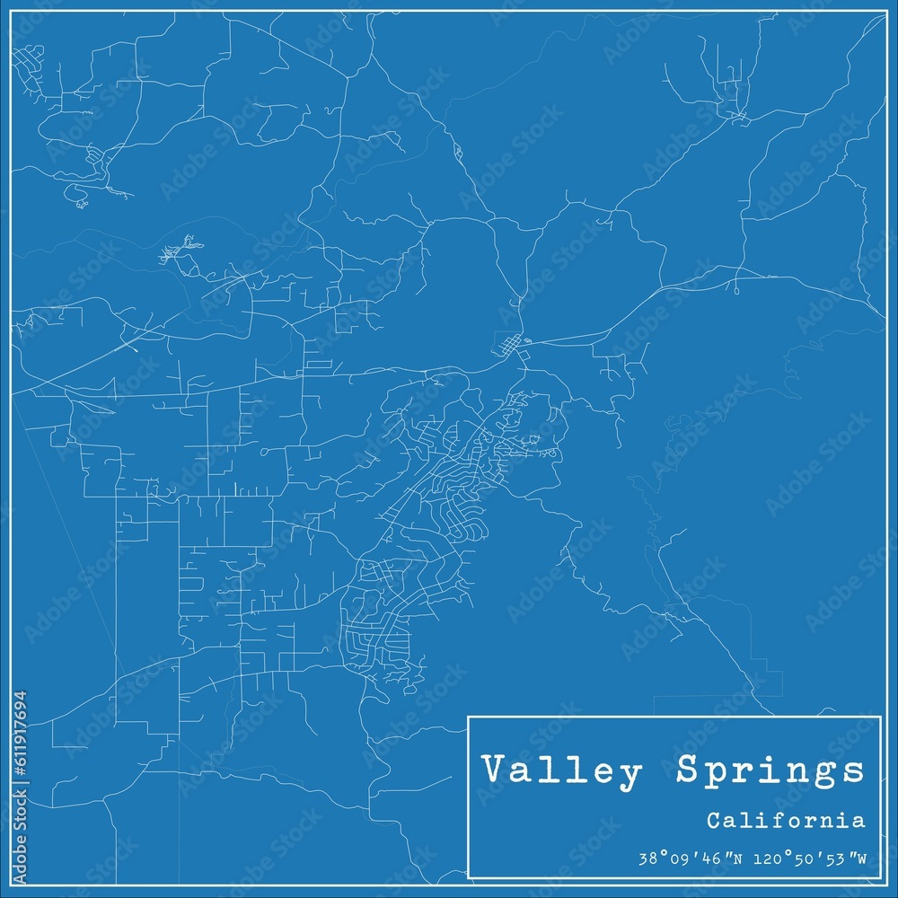 Blueprint US city map of Valley Springs, California.