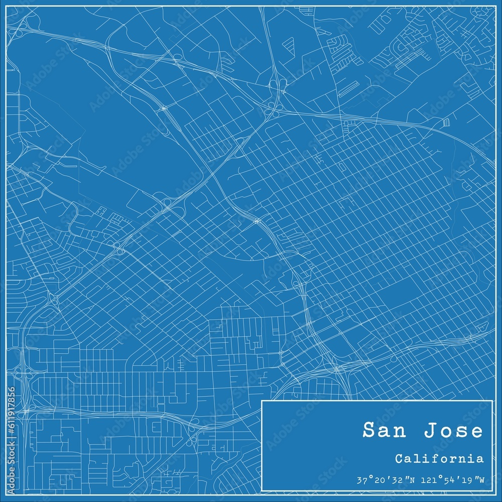 Blueprint US city map of San Jose, California.