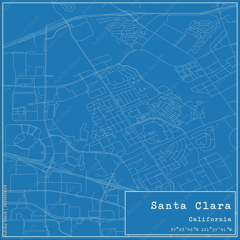 Blueprint US city map of Santa Clara, California.