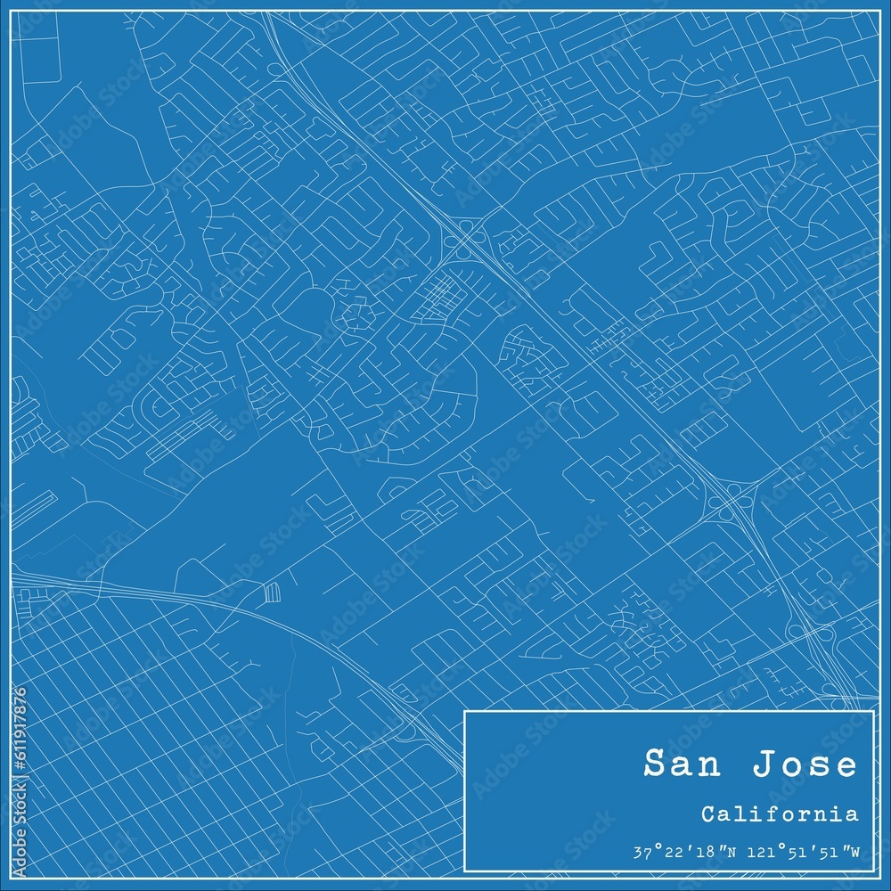 Blueprint US city map of San Jose, California.