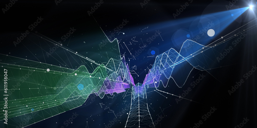Abstract background graph wavy color graph with dots in light on dark ...
