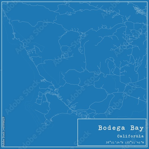 Blueprint US city map of Bodega Bay, California.
