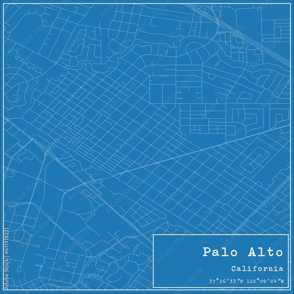 Blueprint US city map of Palo Alto, California.