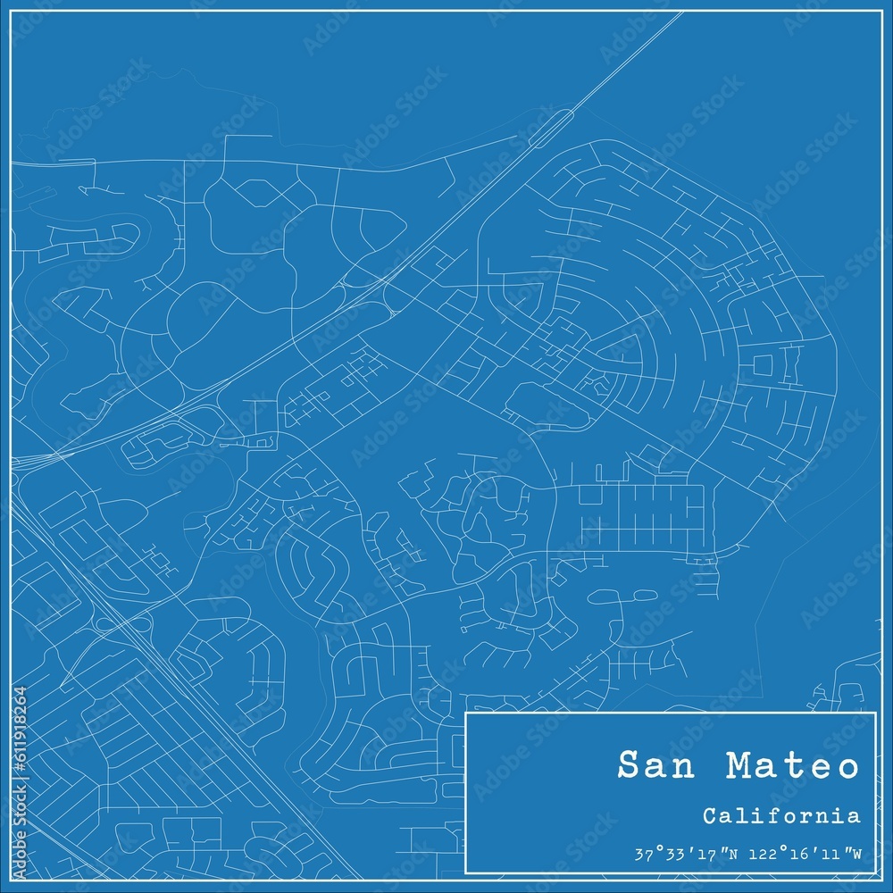 Blueprint US city map of San Mateo, California.