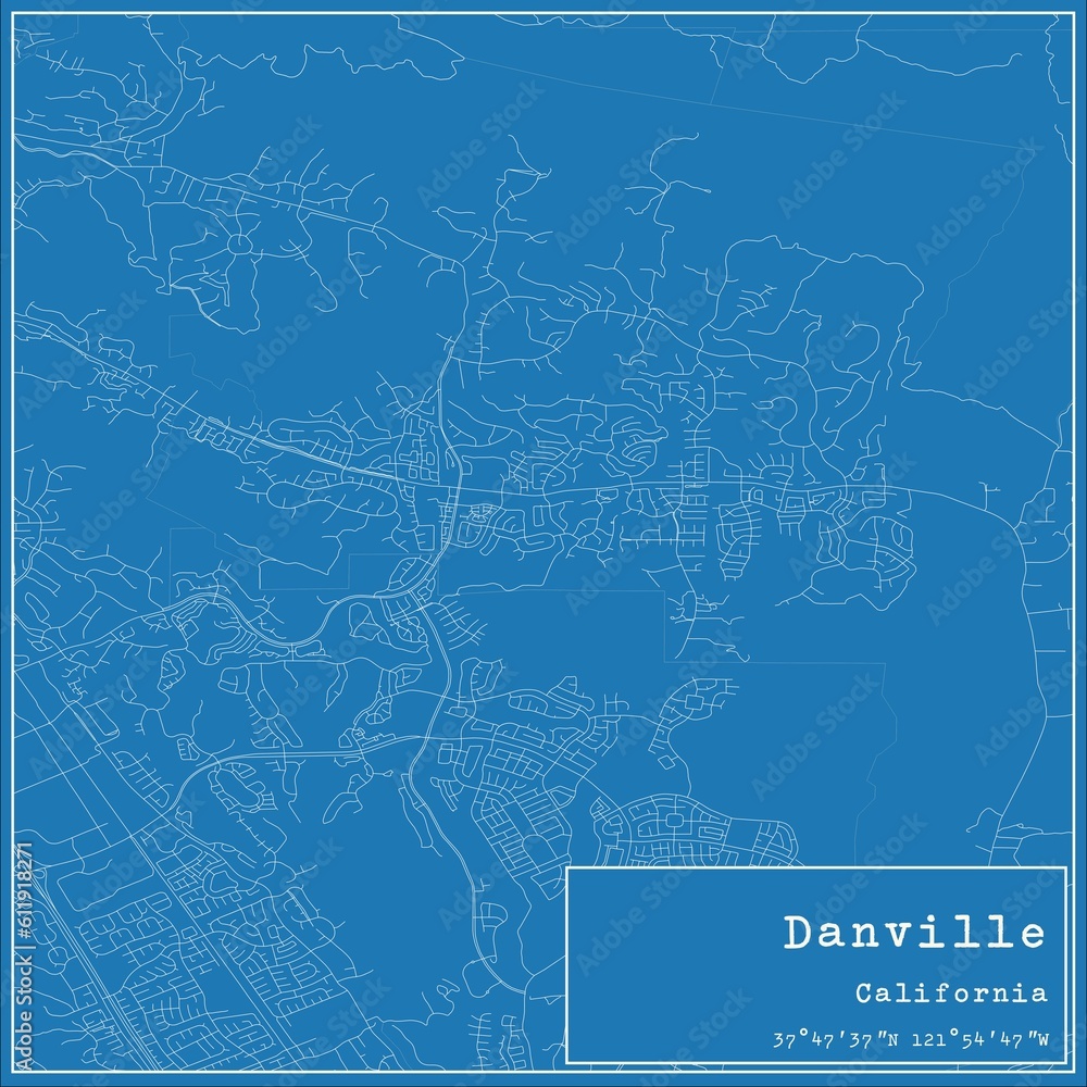 Blueprint US city map of Danville, California.