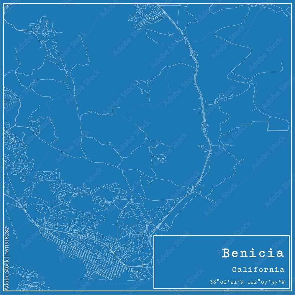 Blueprint US city map of Benicia, California.