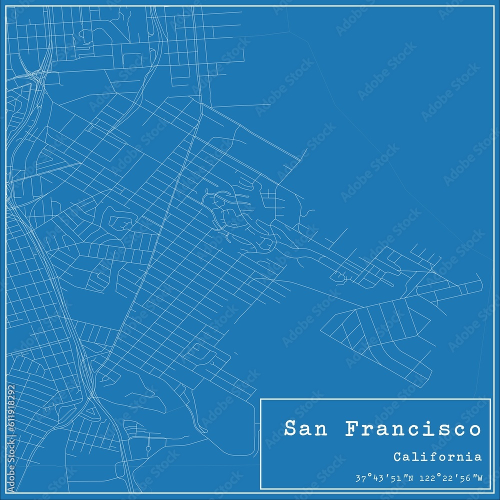 Blueprint US city map of San Francisco, California.